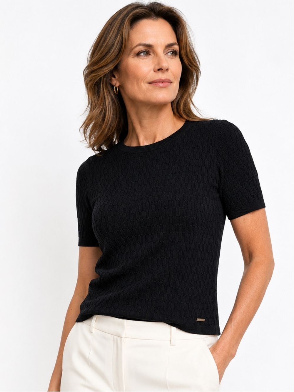 Calvin Klein Textured Knit Sweater Tee Black Short Sleeve Top Medium